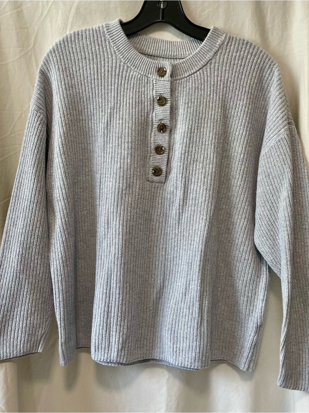 Aerie Casual Henley Ribbed Knit Sweater - Light Gray